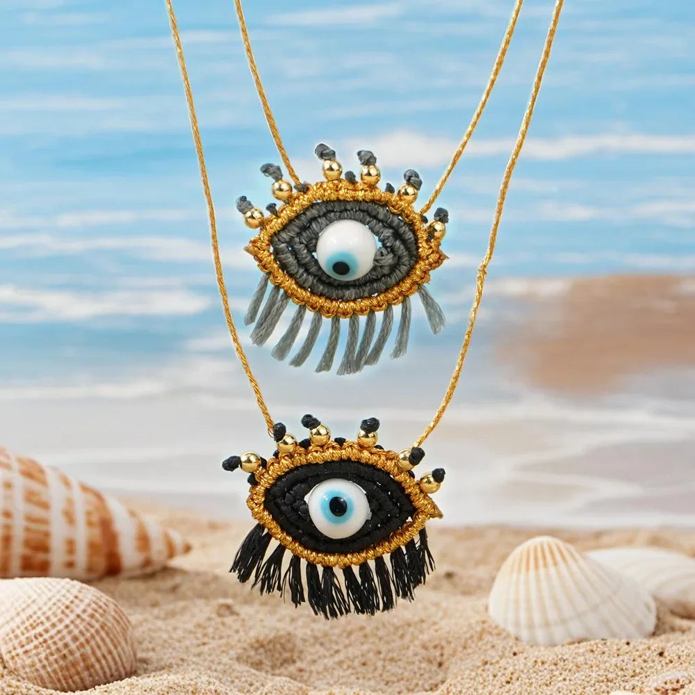 Bohemian Vintage Copper Beads Devil Eyes Pendant Necklace