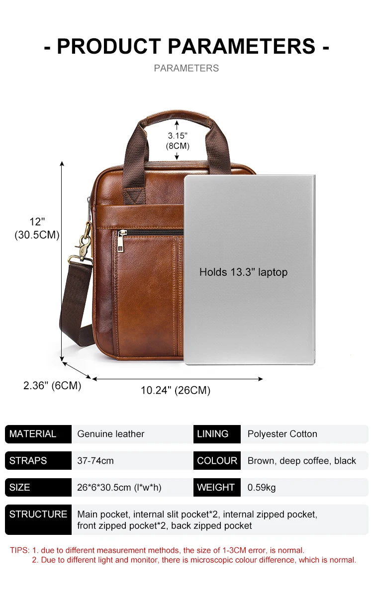Bolso bandolera de cuero genuino para hombre | Elegante maletín para portátil