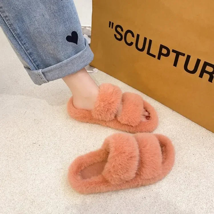 Cozy Double Fur Cross-Strap Plush Slippers | Warm Indoor Footwear