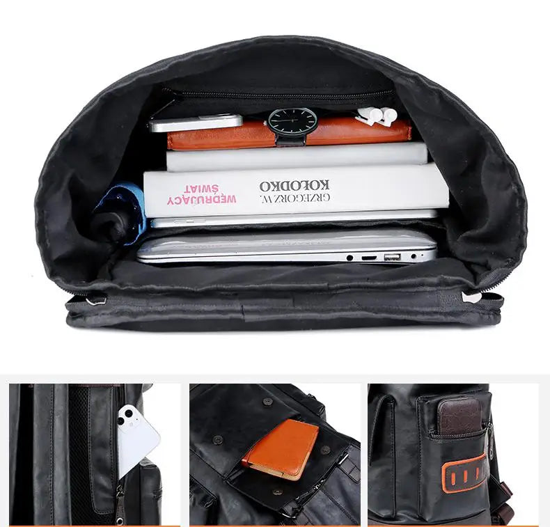 Men's Fashion PU Leather Large Capacity Waterproof Backpack