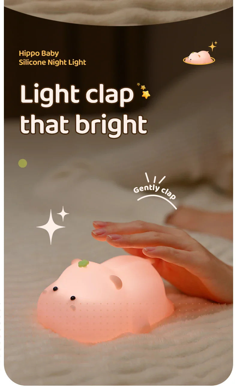Cute Pink Hippo Night Light | Portable Silicone Kids Lamp