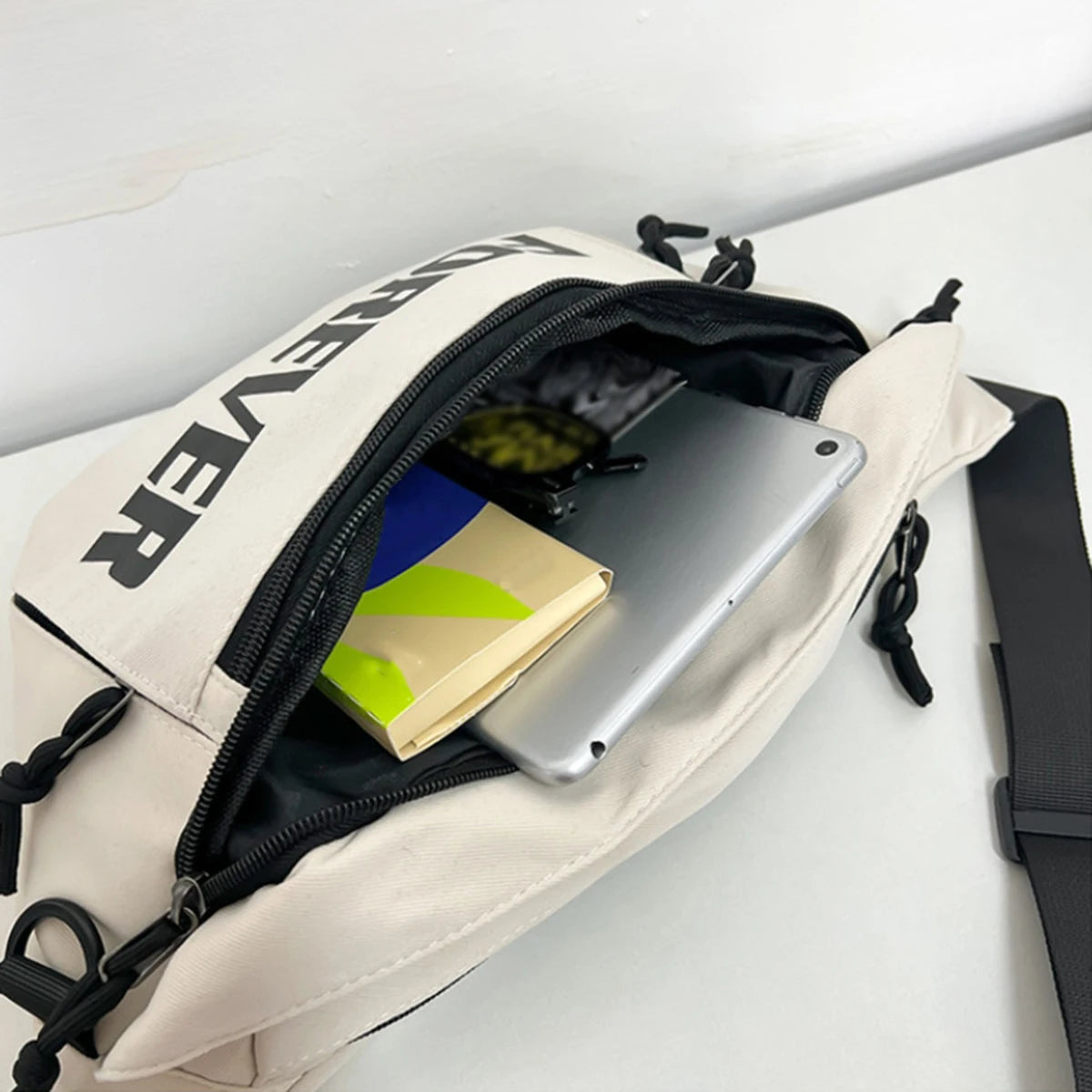 Beige and White Crossbody Chest Bag | Stylish Large Capacity Fanny Pack