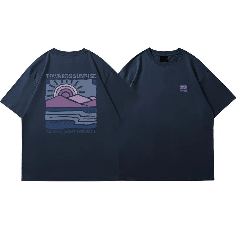 American Retro Pattern Printed Short-sleeved Crew Neck Cotton T-shirt Unisex Top Casual Loose Fashion Streetwear Top