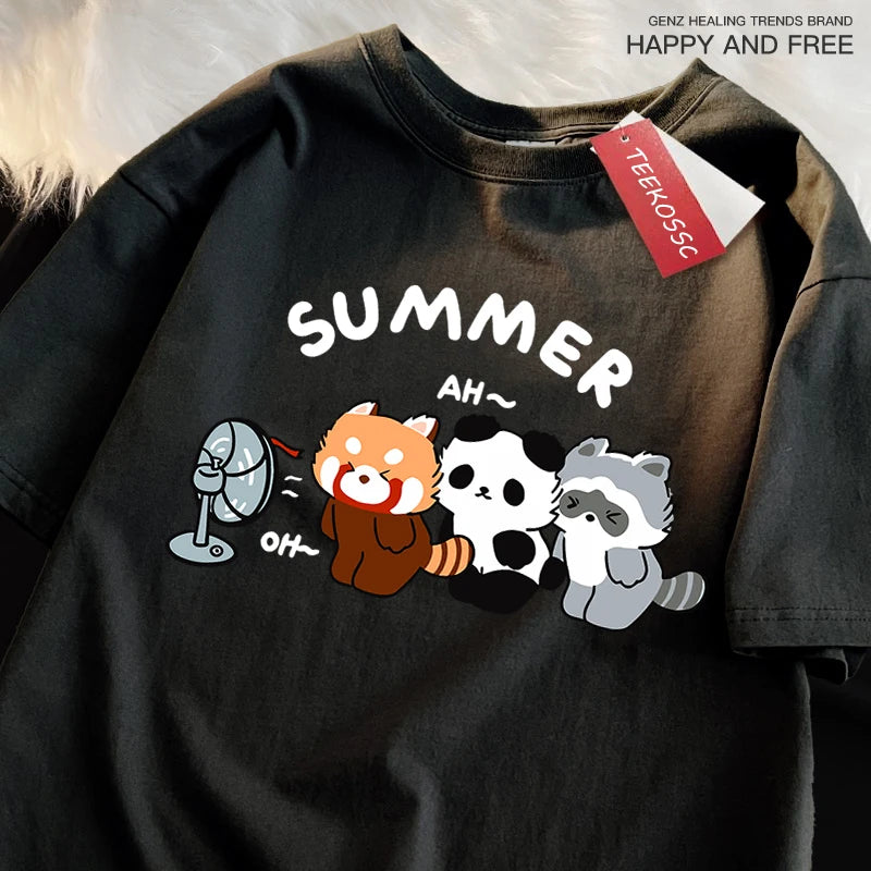 3 Raccoons Blowing Fans Print T-Shirt | Breathable Casual Wear