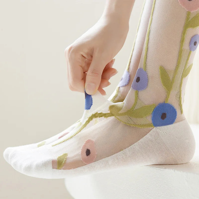 Floral Print Knee High Socks | Stylish Ultra-Thin Summer Stockings