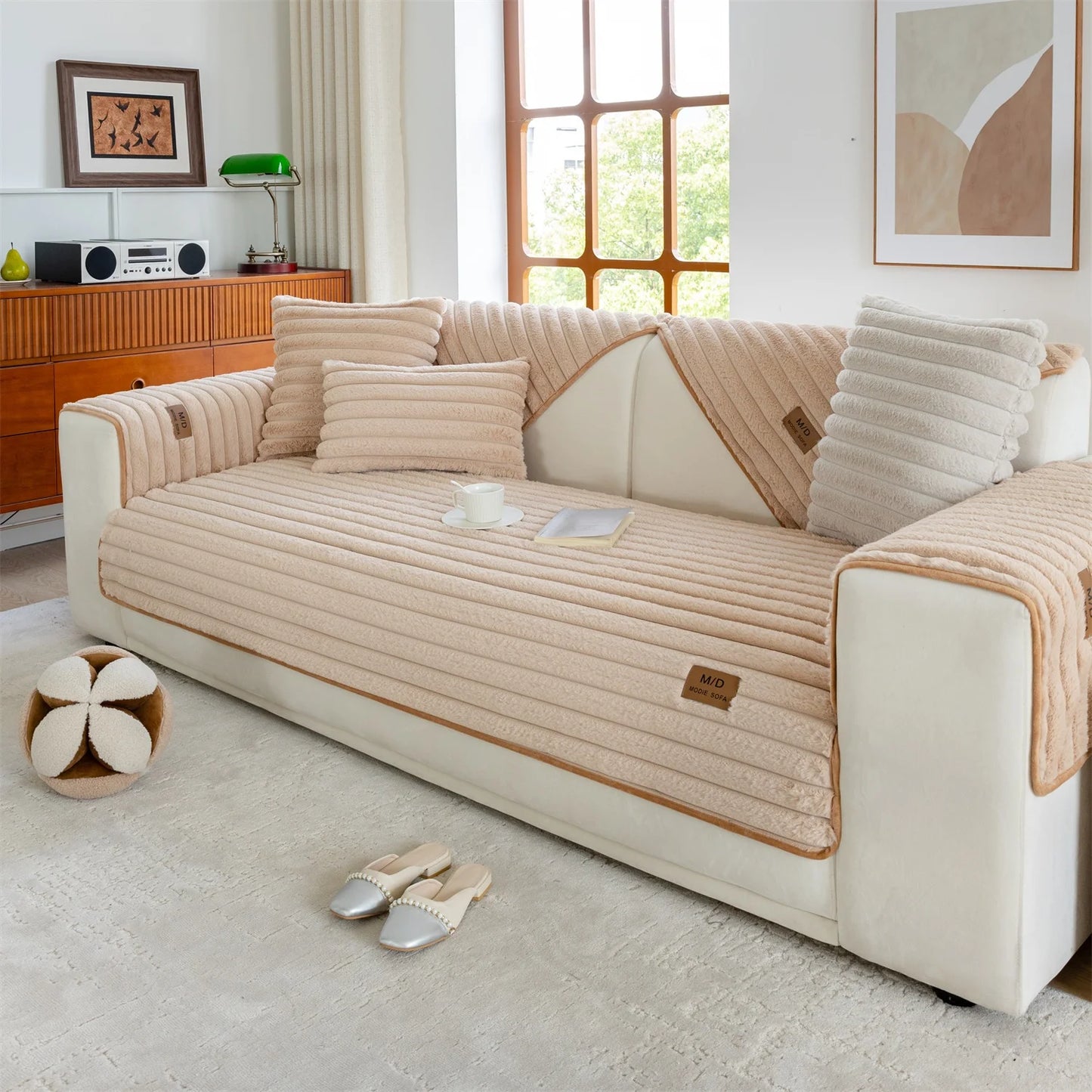 Stripe Imitation Rabbit Fur Plush Sofa Cover | Non-Slip Couch Slipcover