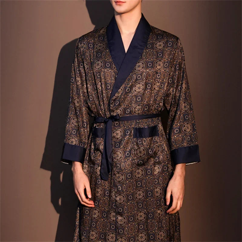 Spring Summer New Mens Robe Printed Bathrobe Kimono Gown Silky Satin Male Sleepwear Night Clothes Loose Casual Homewear Pajama