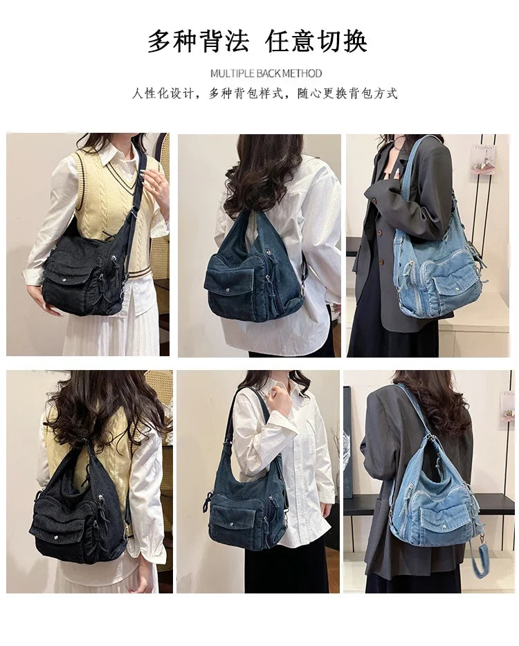Trendy Solid Color Denim Shoulder Bag | Versatile Women's Crossbody