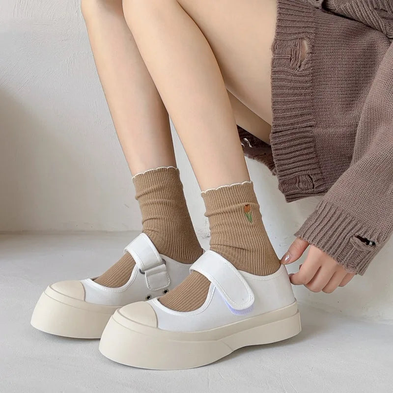 Women's Autumn Floral Embroidery Crew Socks | Cute Kawaii Style
