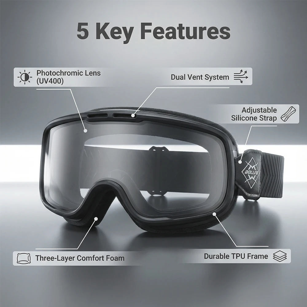 BOLLFO Photochromic Motorcycle Goggles Motorbike Eyewear OTG UV Protection Auto-tinting ATV Glasses Windproof Dirt Bike Goggles
