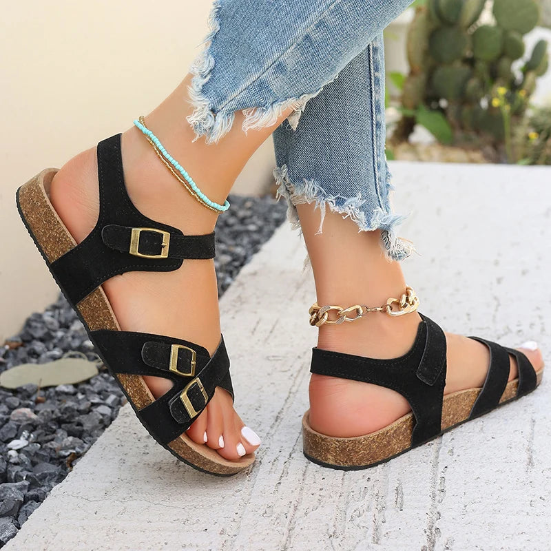 Retro Buckle Strap Cork Sandals Women 2025 Summer Cross Strap Flat Sandals Woman Brand Design Comfortable Non Slip Beach Shoes