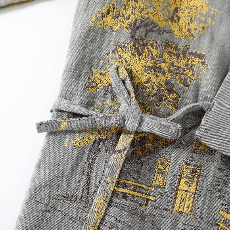 Roomwear Cotton Kimono Pajamas Men's Robes for Spring Jacquard Printed Home Clothing Medium Length Oversized Breathable Bathrobe