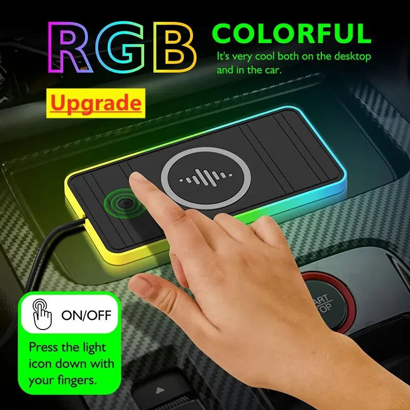 Almohadilla de carga inalámbrica rápida para coche con luz RGB para todos los teléfonos