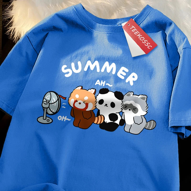 3 Raccoons Blowing Fans Print T-Shirt | Breathable Casual Wear