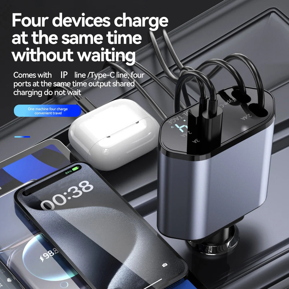 120W 4-in-1 Car Charger | Fast Retractable Charging Adapter