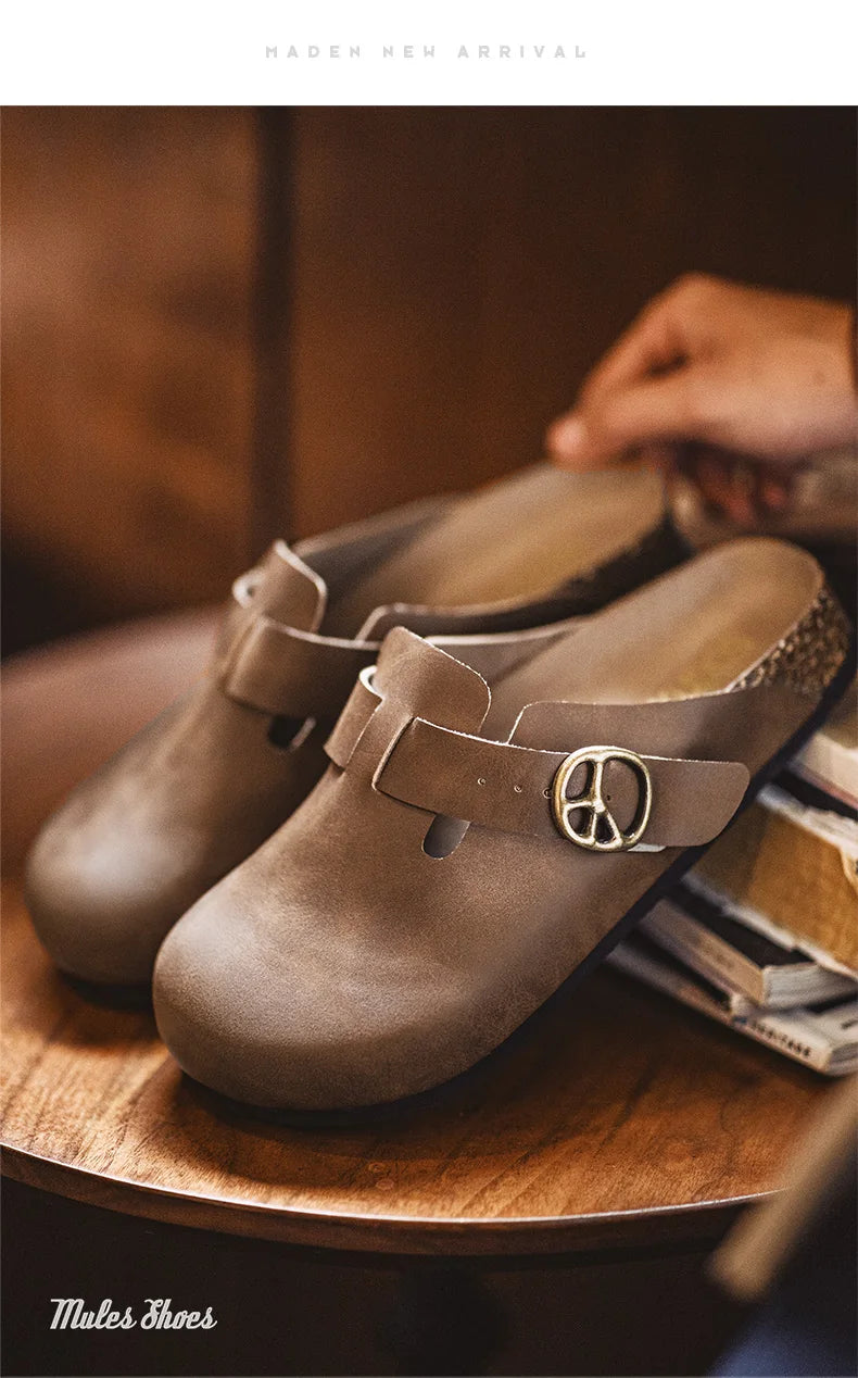 Men's Vintage Brown Leather Mules | Comfortable Slide-On Slippers