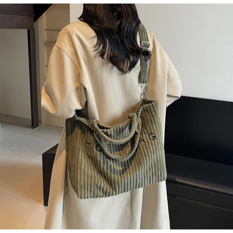 Bolso de mano de terciopelo a rayas de gran capacidad | Bolso tote elegante y versátil