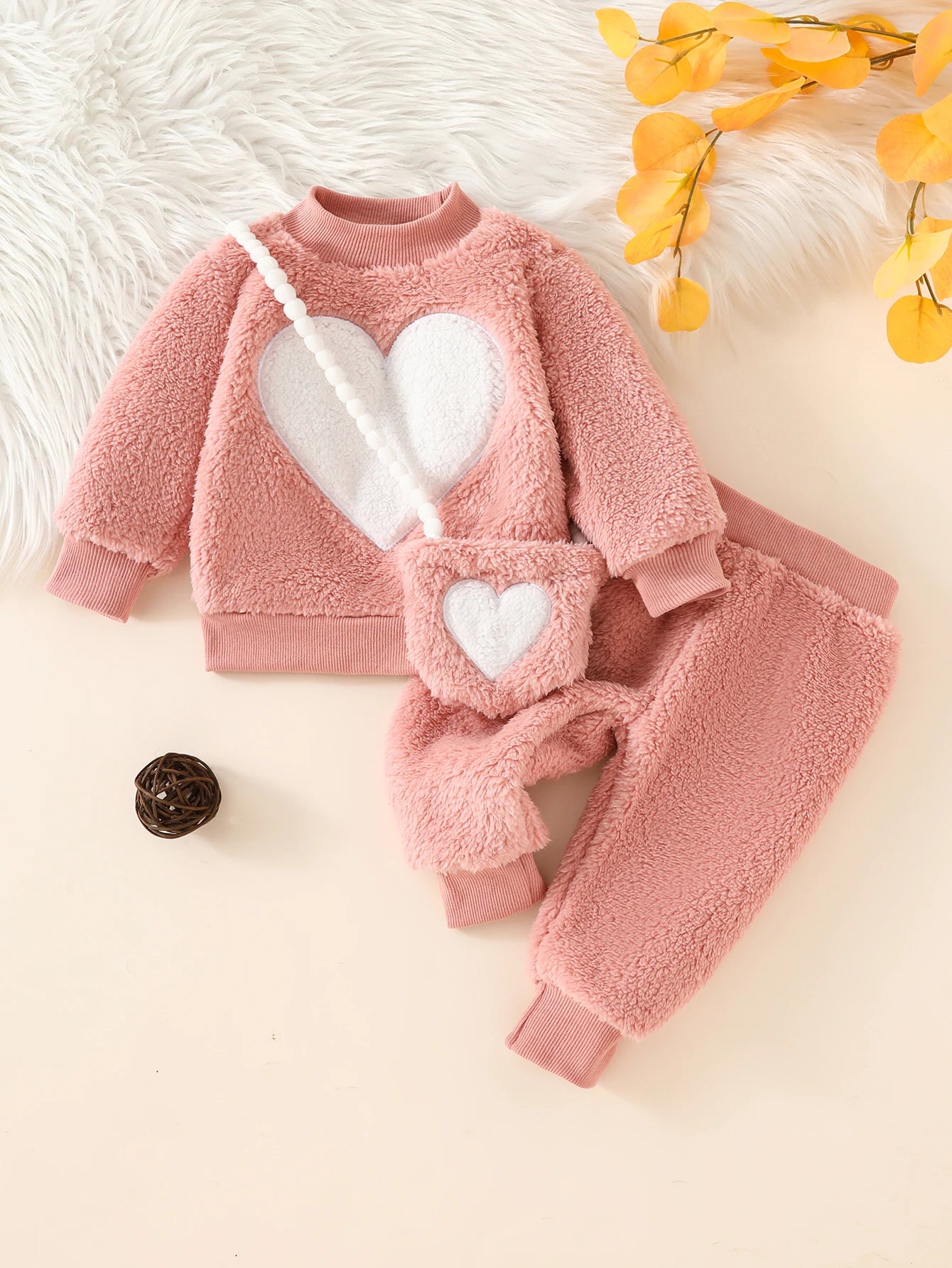 Cute Winter Baby Girl Fuzzy Heart 3-Piece Outfit Set | Cozy Style