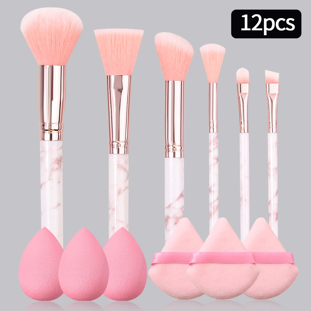 12pcs Pink Makeup Brush & Sponge Set | Marble Brushes + Super Soft Powder Puff & Triangle Puffs 2026