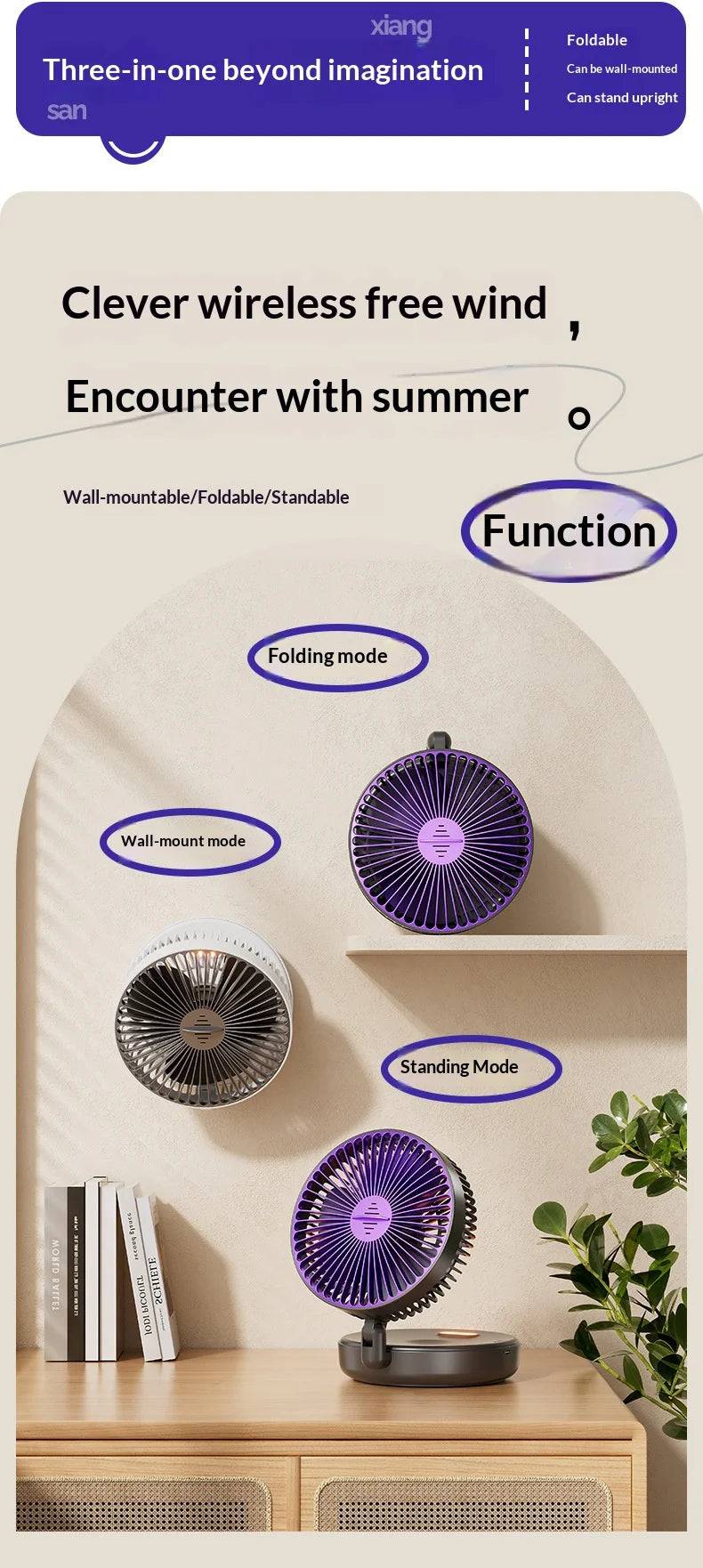 5000mAh Foldable Glow-in-the-Dark Portable Wall Mount Fan