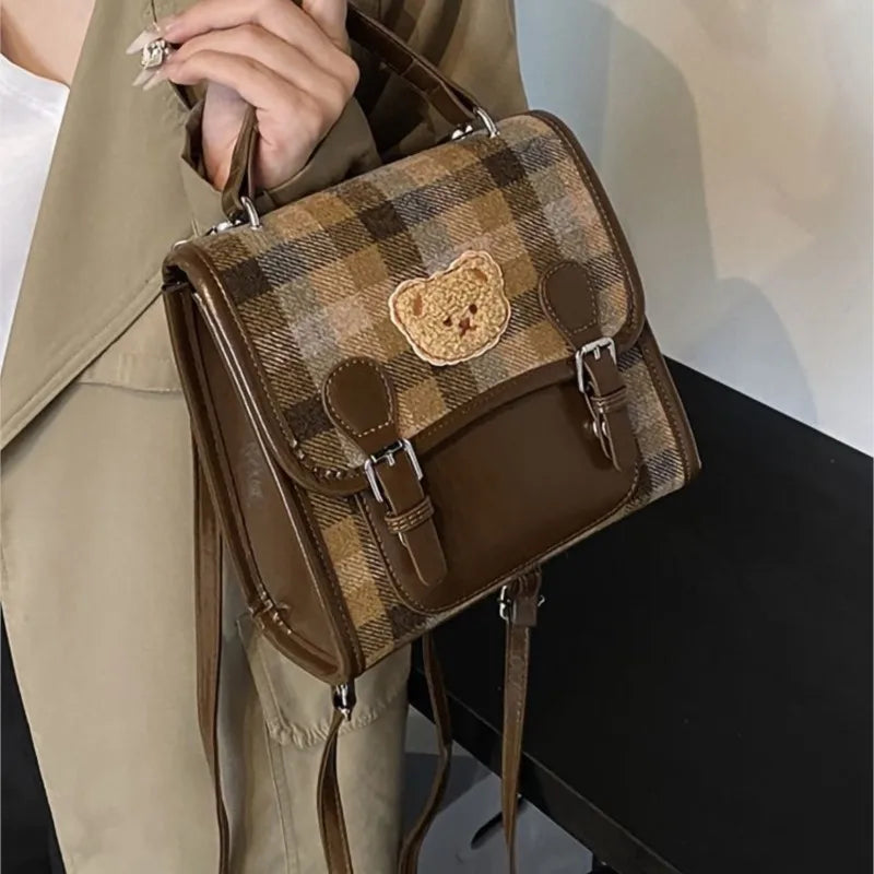 Cute Bear Backpack for Women | Vintage Plaid Student Bag