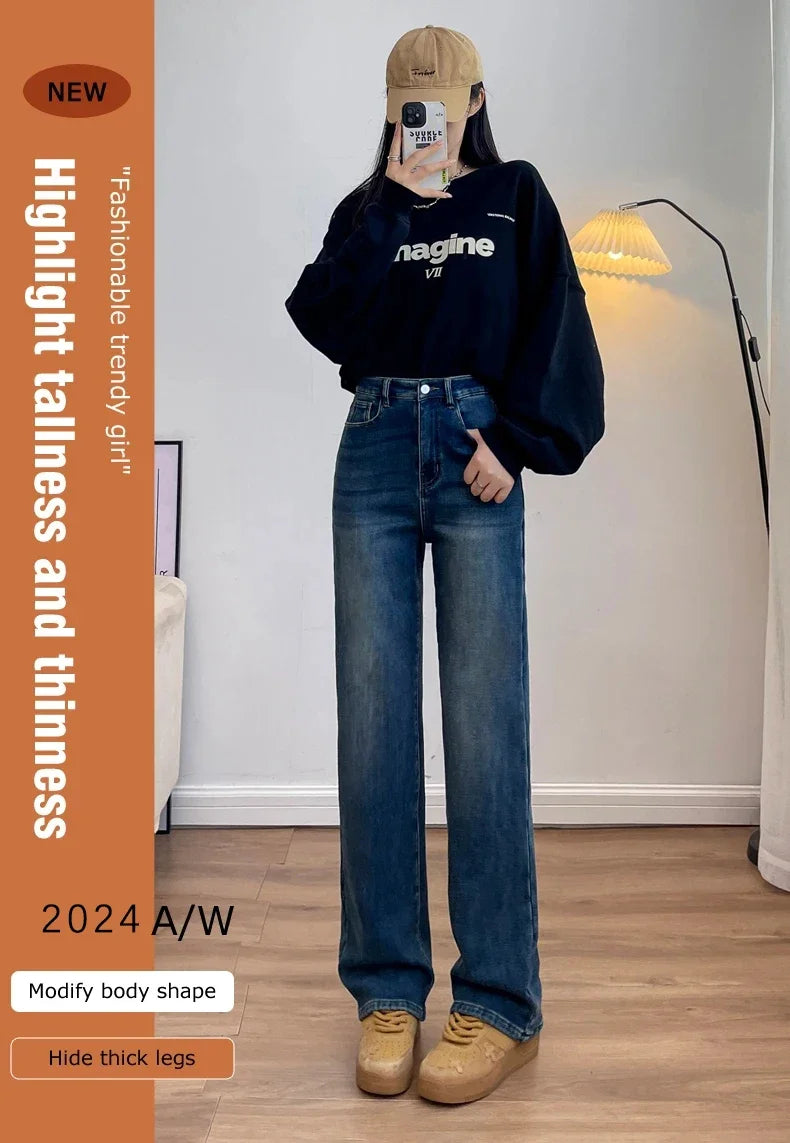 Women's Thickened Velvet Straight Jeans | Warm Fleece Pants