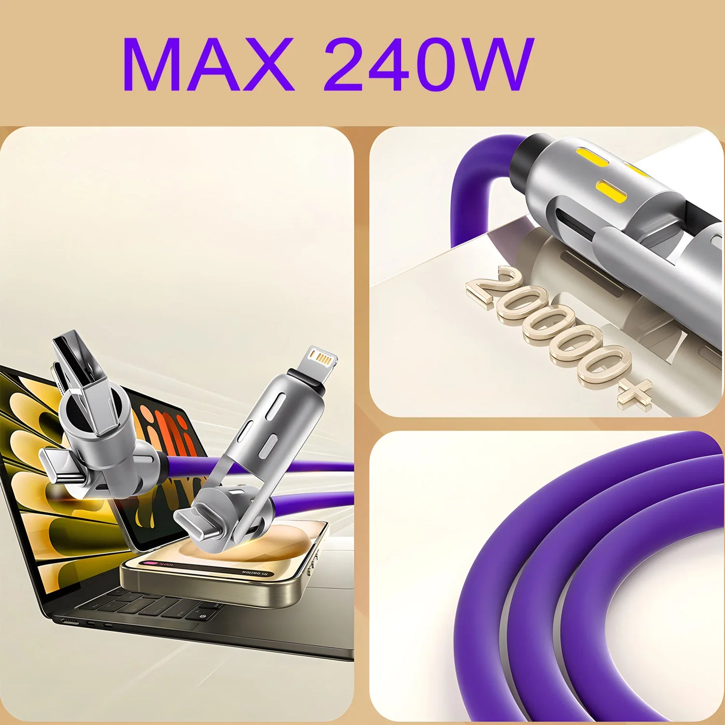 Cable de carga rápida USB tipo C 4 en 1 de 240 W | Alimentación y datos de alta velocidad