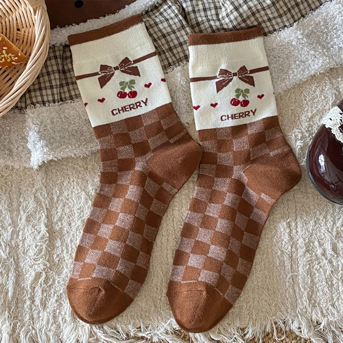 Cute Women's Mid-Calf Socks | Charming Cherry Bow Design