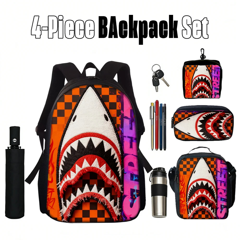 Trendy Shark Graphic Backpack Set | Perfect for School & Fun