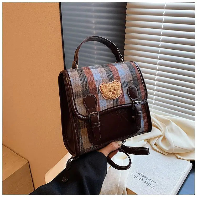 Cute Bear Backpack for Women | Vintage Plaid Student Bag
