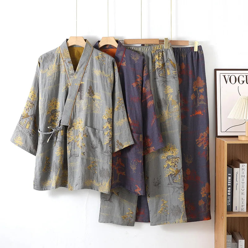 Roomwear Cotton Kimono Pajamas Men's Robes for Spring Jacquard Printed Home Clothing Medium Length Oversized Breathable Bathrobe