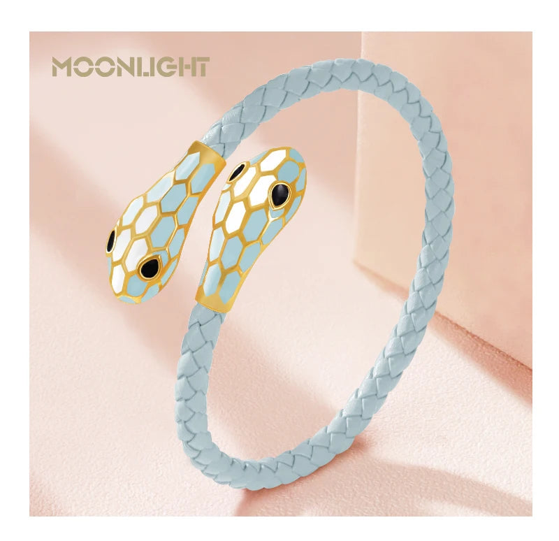 MOONLIGHT Classic Style Double Snake Head Cuff Bangles for Women Genuine Braided Leather Bracelets Female Fashion Jewelry Gifts