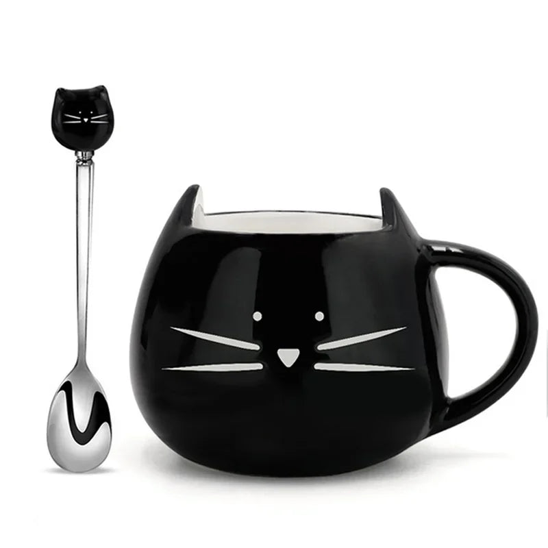 Cute Cartoon Cat Ceramic Coffee Mug with Spoon | Perfect Gift
