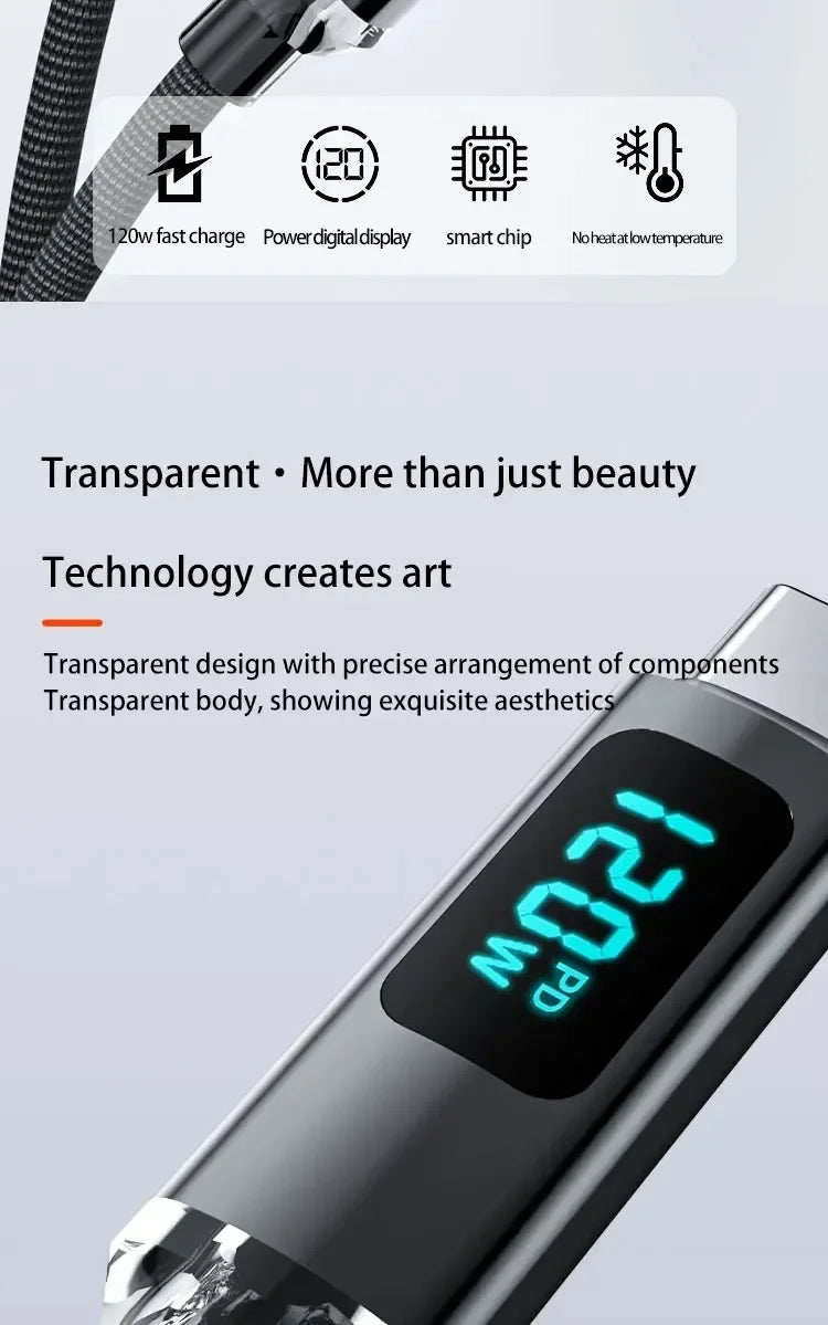 120W USB A to Type C Fast Charging Cable with LED Display