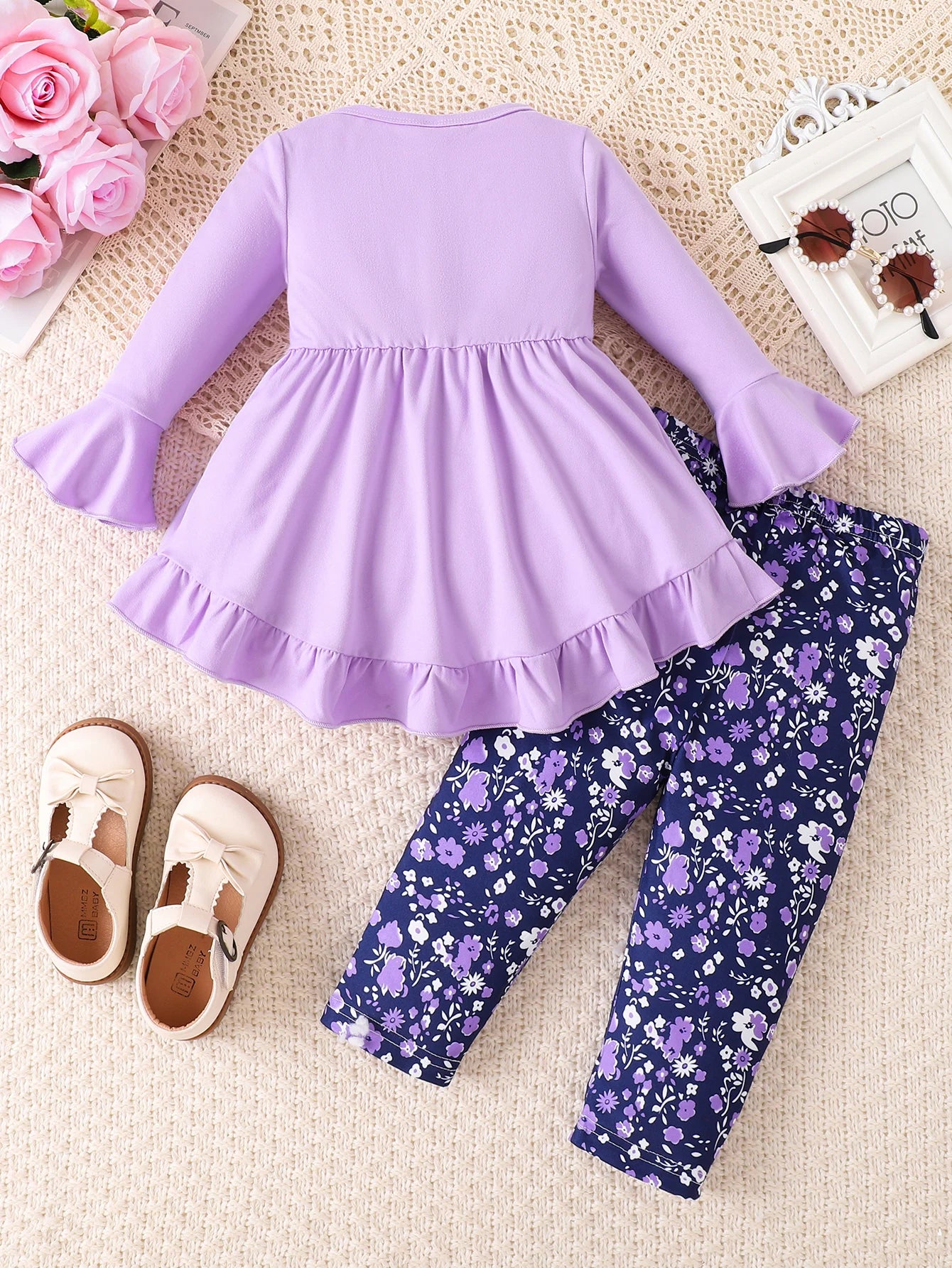 Light Purple Flared Sleeve Floral Set | Cute Baby Autumn Outfit