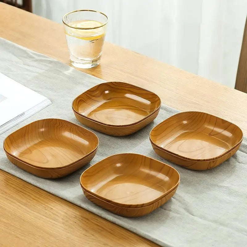 Wood Grain Plastic Square Plate Set | Stylish Dinnerware Collection