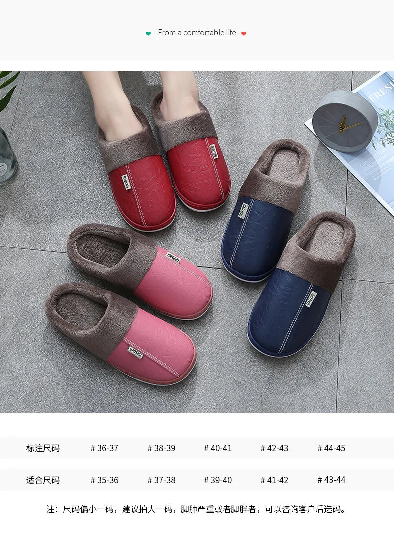 Men's Warm PU Leather Plush Slippers | Cozy Waterproof House Shoes