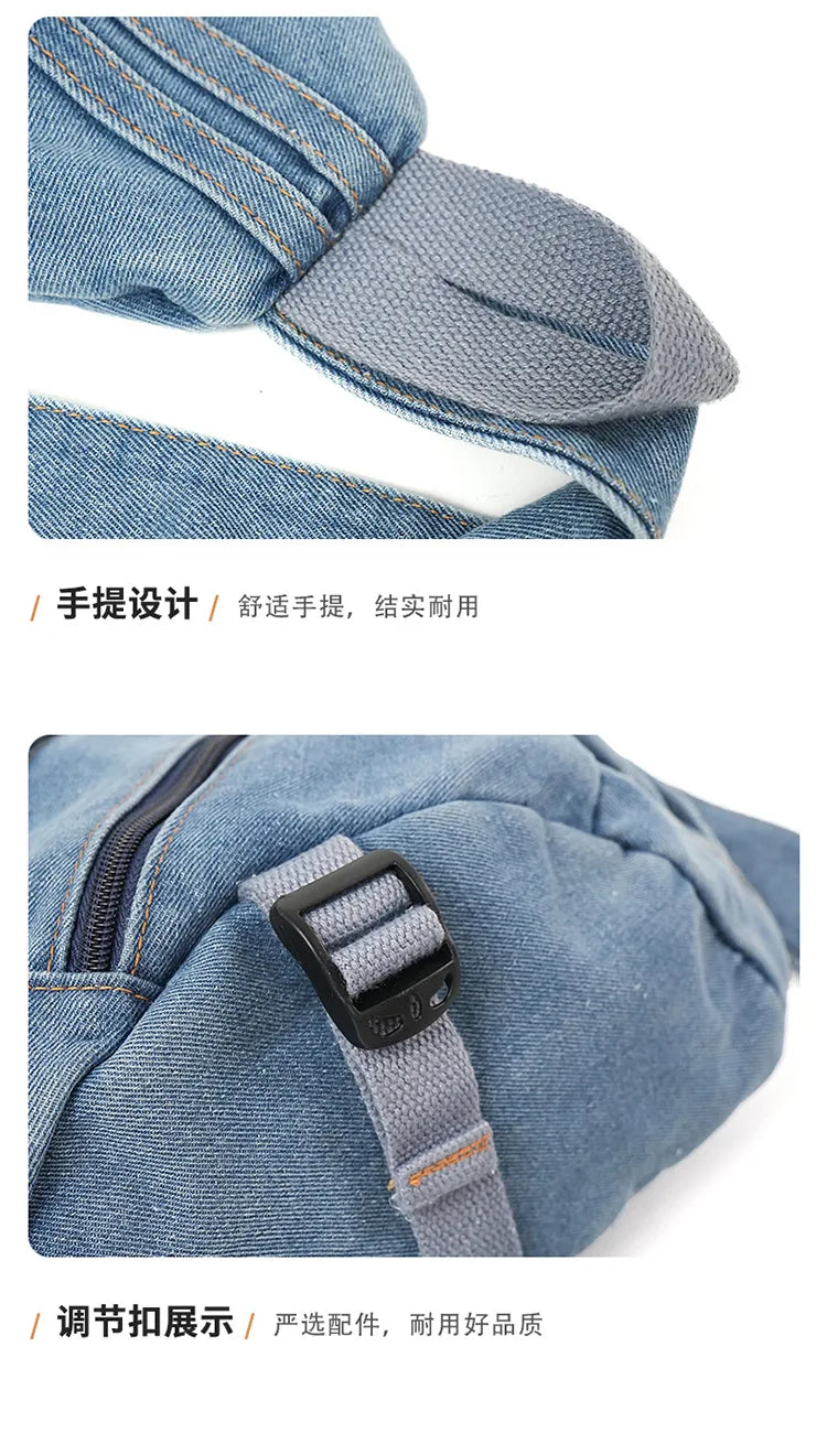 Vintage Washed Denim Sling Bag Man Woman Multifunction Retro Large Capacity Portable Motorcycle Chest Bag