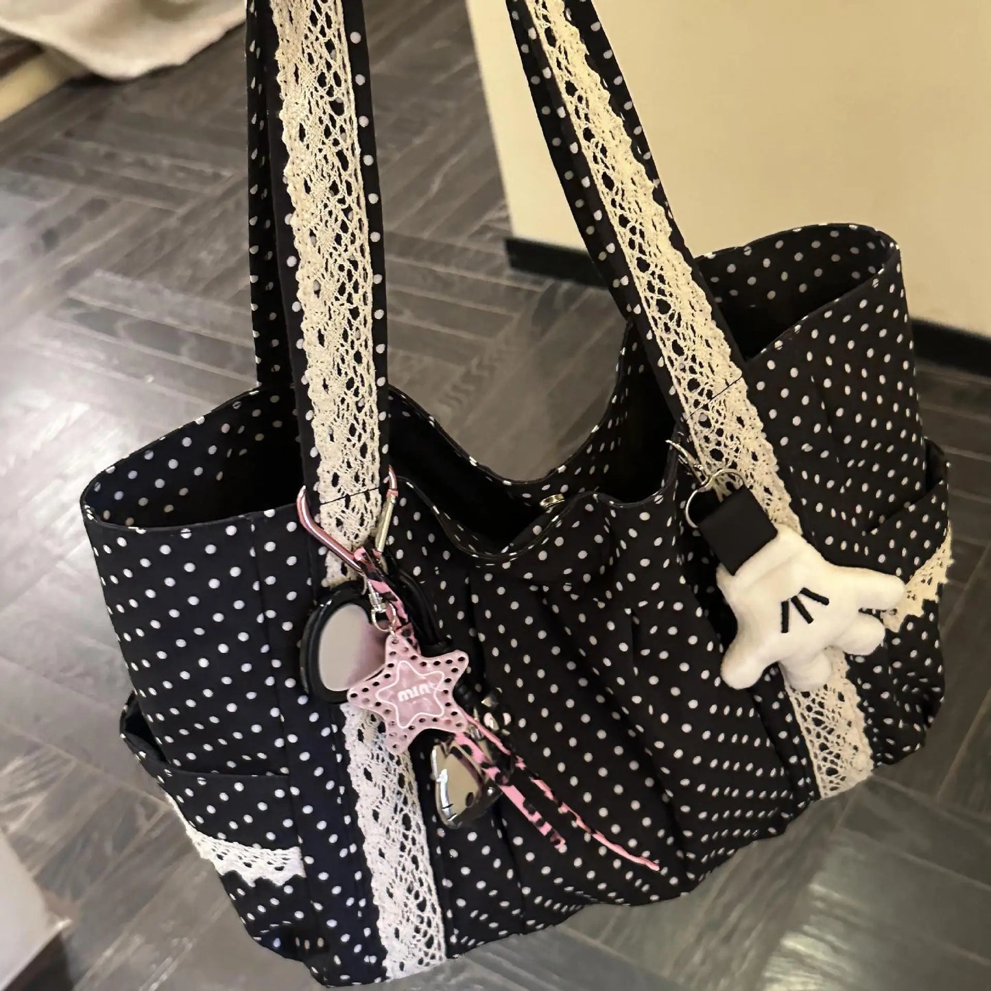 Bolso de mano de lona con lunares vintage | Espacioso y elegante