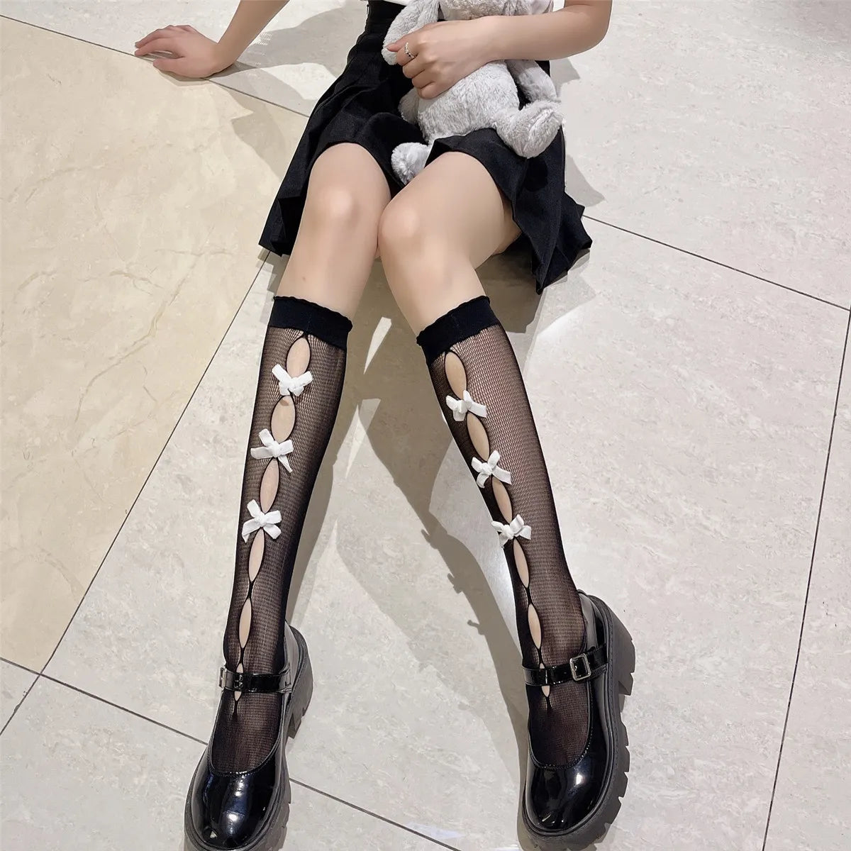 Kawaii Hollow Out Mesh Fishnet Socks | Cute Bow Long Stockings