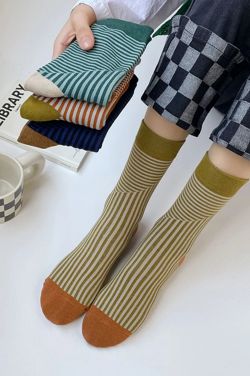 Multicolor Striped Casual Crew Socks for Women | Stylish Comfort