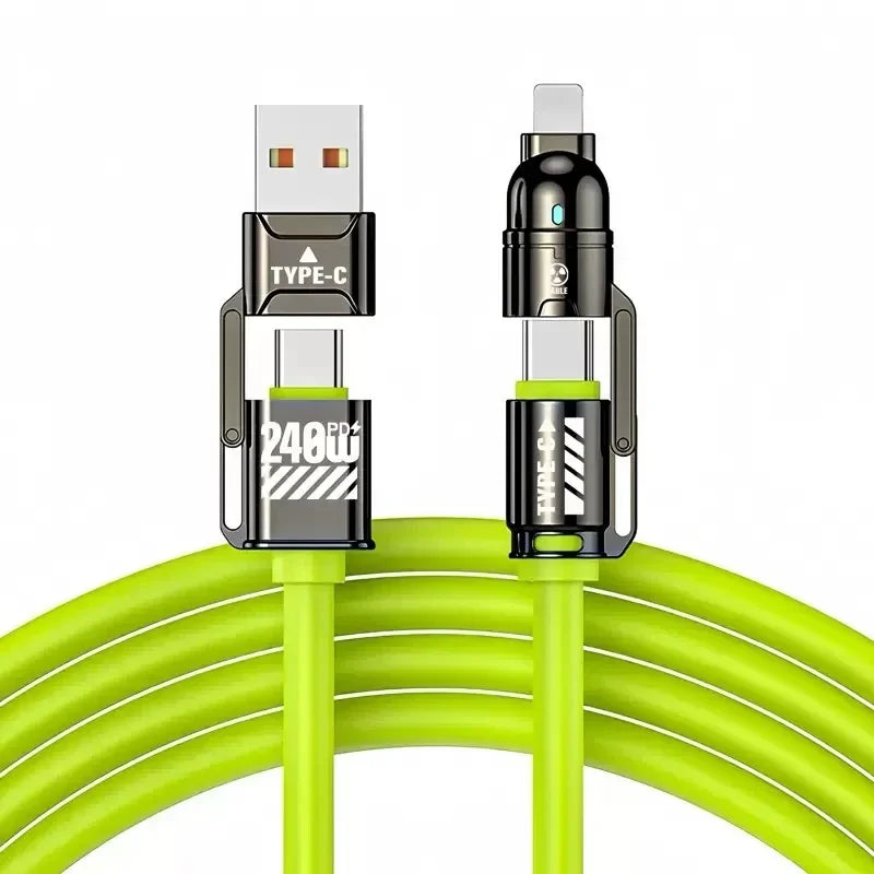 240W Super Fast Charging 4 In 1 Data Cable Dual Type-C+Lightning+USB Ports Phone Charging Cable For iPhone Samsung Huawei Xiaomi