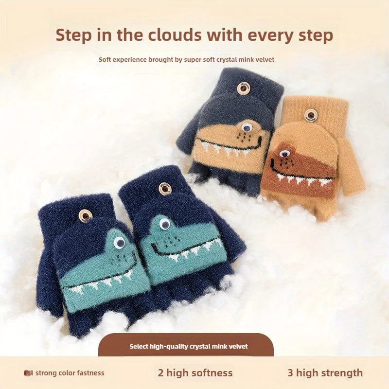 Kids Knitted Alligator Writing Gloves | Warm Winter Fingerless Gloves