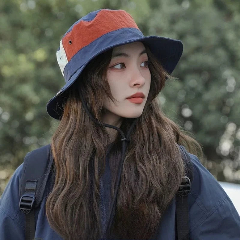 Japanese Style Summer Sun Protection Bucket Hat Color Matching Casual Hat Unisex for Outdoor Hiking Camping Travel Daily Wear