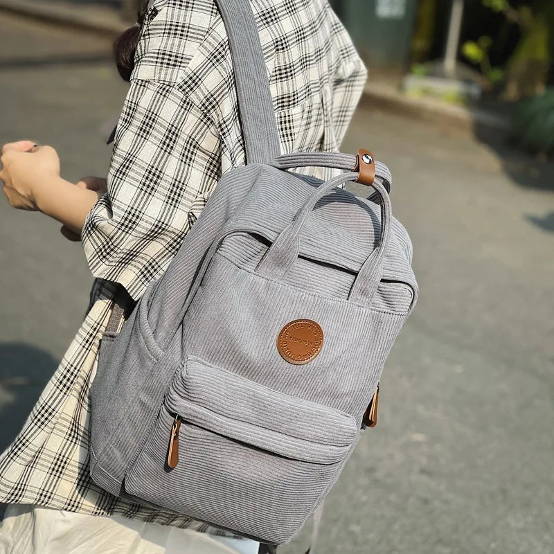 Casual Corduroy Backpack for Teens, 14 Laptop Compartment, High School & College Bag with Zipper Pocket, Backpacks for School