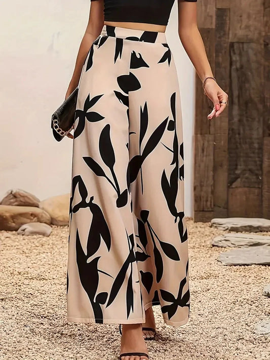 Women's Leaf Print Wide-Legged Casual Pants | Stylish Loose Fit Trousers