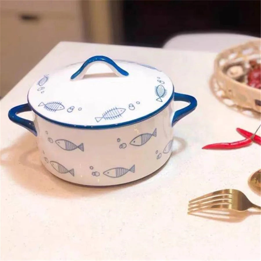 Ceramic Double Ear Bowl with Cover | Perfect for Noodles & Soup