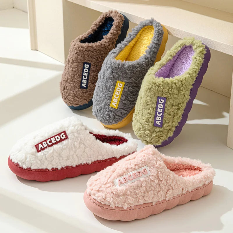 Unisex Thick Sole Plush Slippers | Warm Fluffy Indoor House Shoes