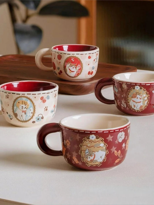 Taza de café de cerámica vintage con diseño de gato | Taza para atraer la prosperidad