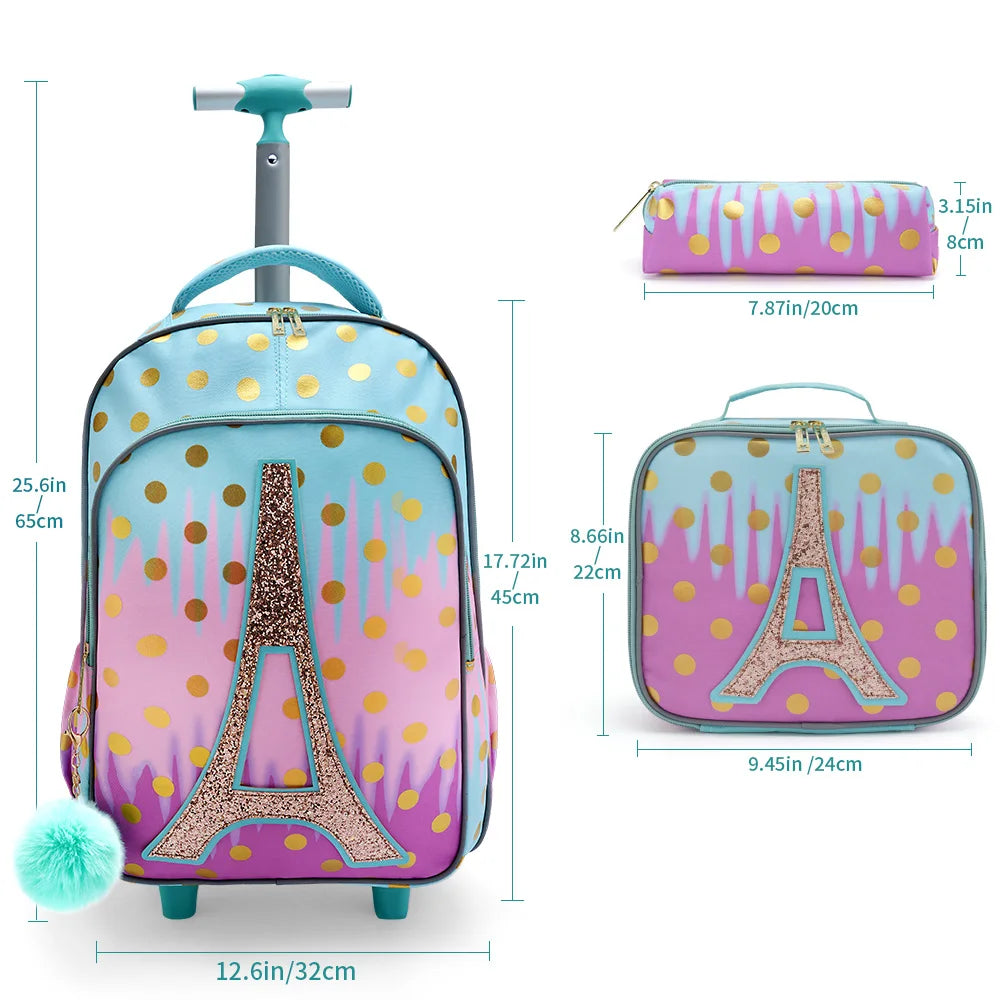 3PCS Rolling Backpack Set for Girls | Stylish School Bag
